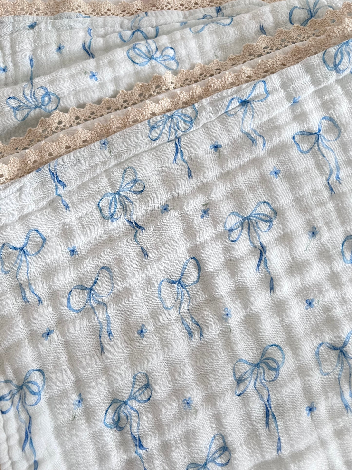 Something Blue Organic 6-Layer Cotton Baby Blanket with Vintage French Lace