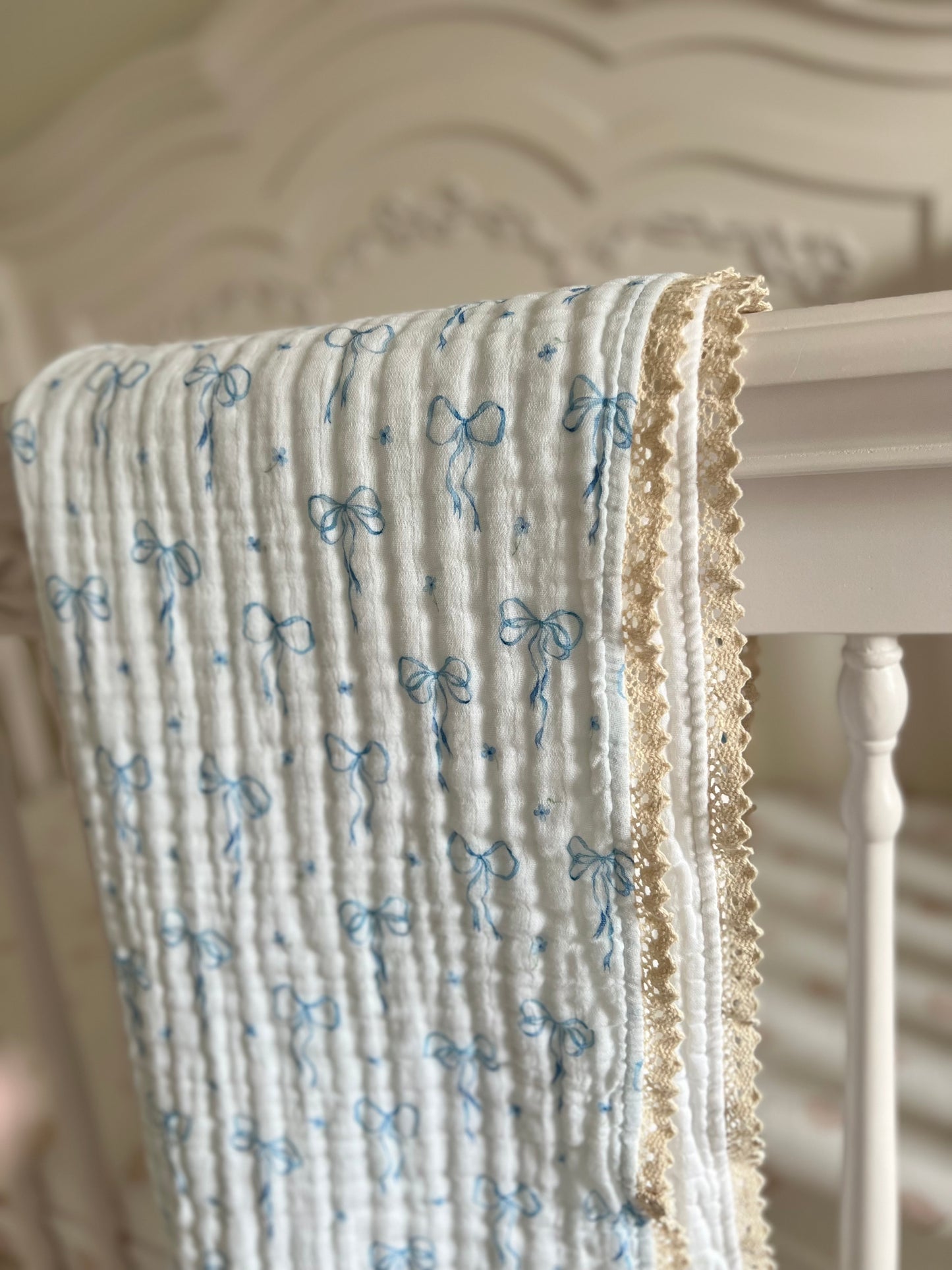 Something Blue Organic 6-Layer Cotton Baby Blanket with Vintage French Lace