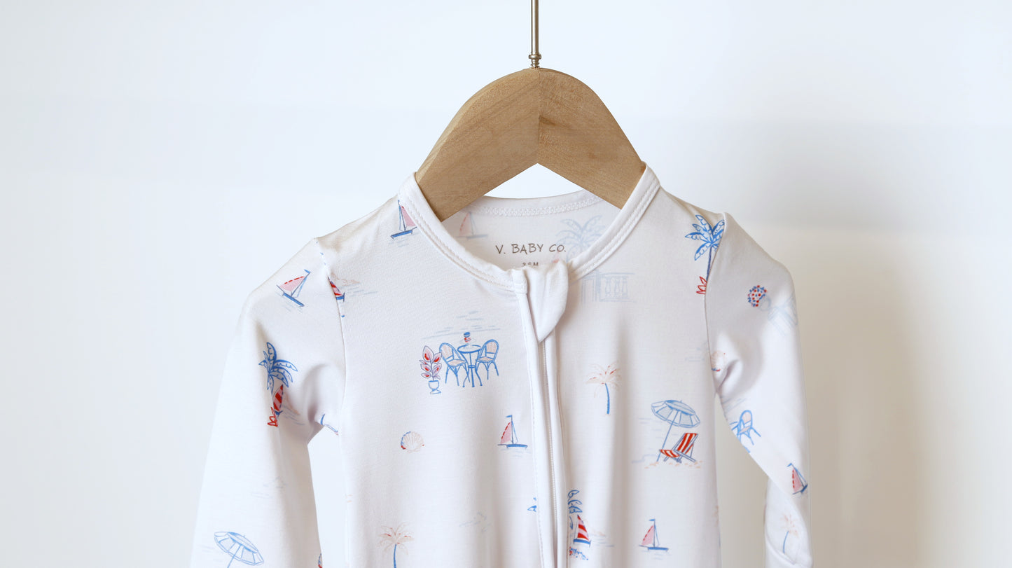 Beach Side Vacation Print Onesie Bamboo Pajamas - Ultra-Soft & Breathable Kids’ Sleepwear