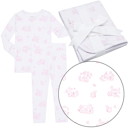 Limited Edition Pink Toile Print 2 Piece Pajamas & Blanket Bundle
