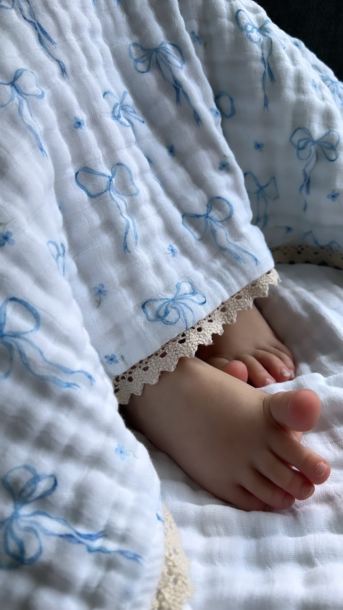 Something Blue Organic 6-Layer Organic Cotton Baby Blanket with Vintage French Lace