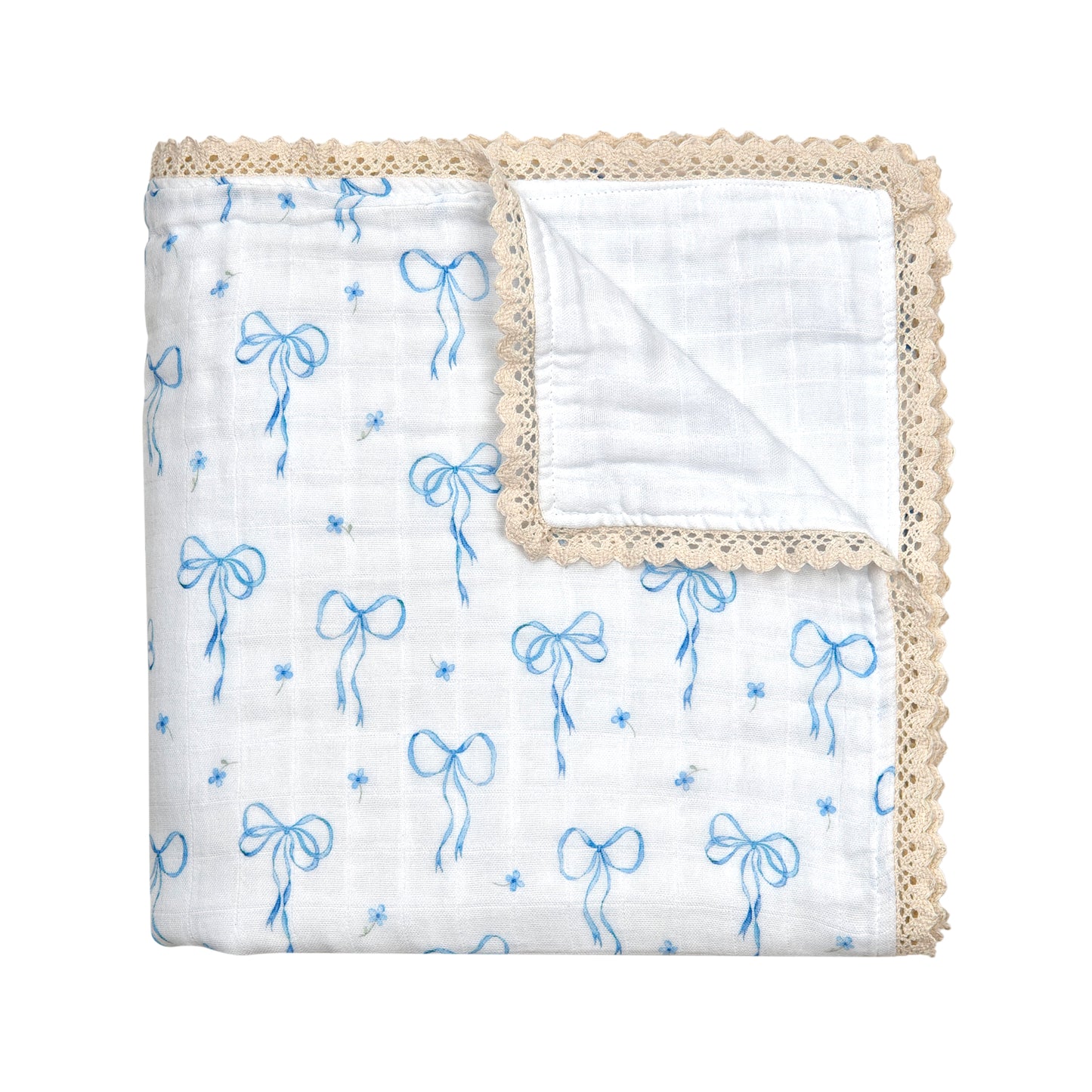 Something Blue Organic 6-Layer Organic Cotton Baby Blanket with Vintage French Lace