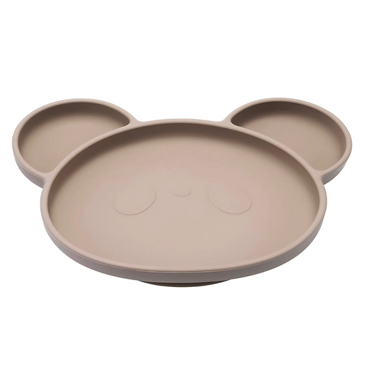Bear-shaped silicone baby feeding plate with a suction base in a soft, neutral color.