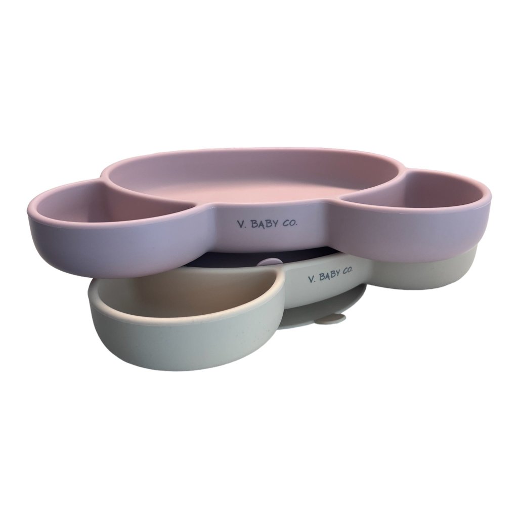 Silicone baby plate with divided sections, perfect for separating food for toddlers.