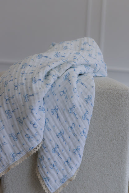 Something Blue Organic 6-Layer Cotton Baby Blanket with Vintage French Lace