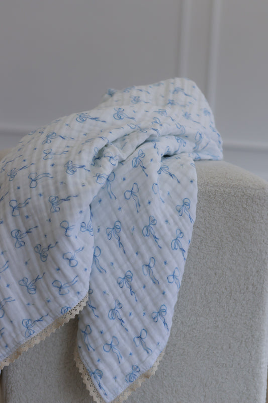 Something Blue Organic 6-Layer Cotton Baby Blanket with Vintage French Lace