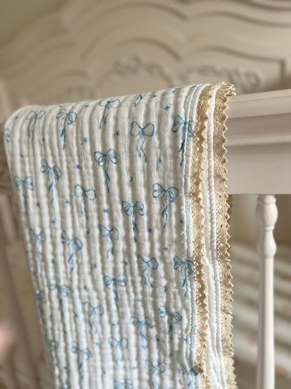 Something Blue Organic 6-Layer Cotton Baby Blanket with Vintage French Lace