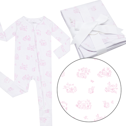 Limited Edition Pink Toile Print Onesie Pajama & Blanket Bundle