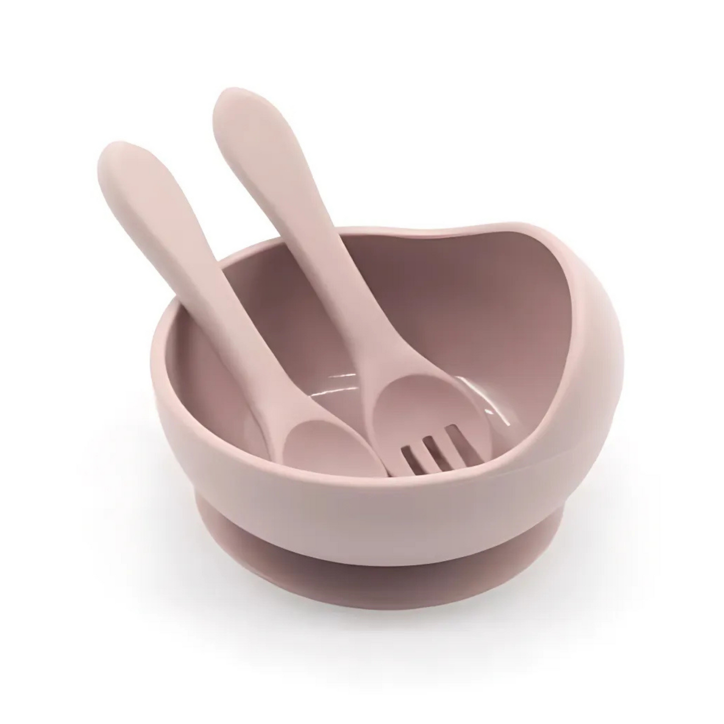 Silicone suction bowl set with baby-friendly fork and spoon in soft, modern colors.