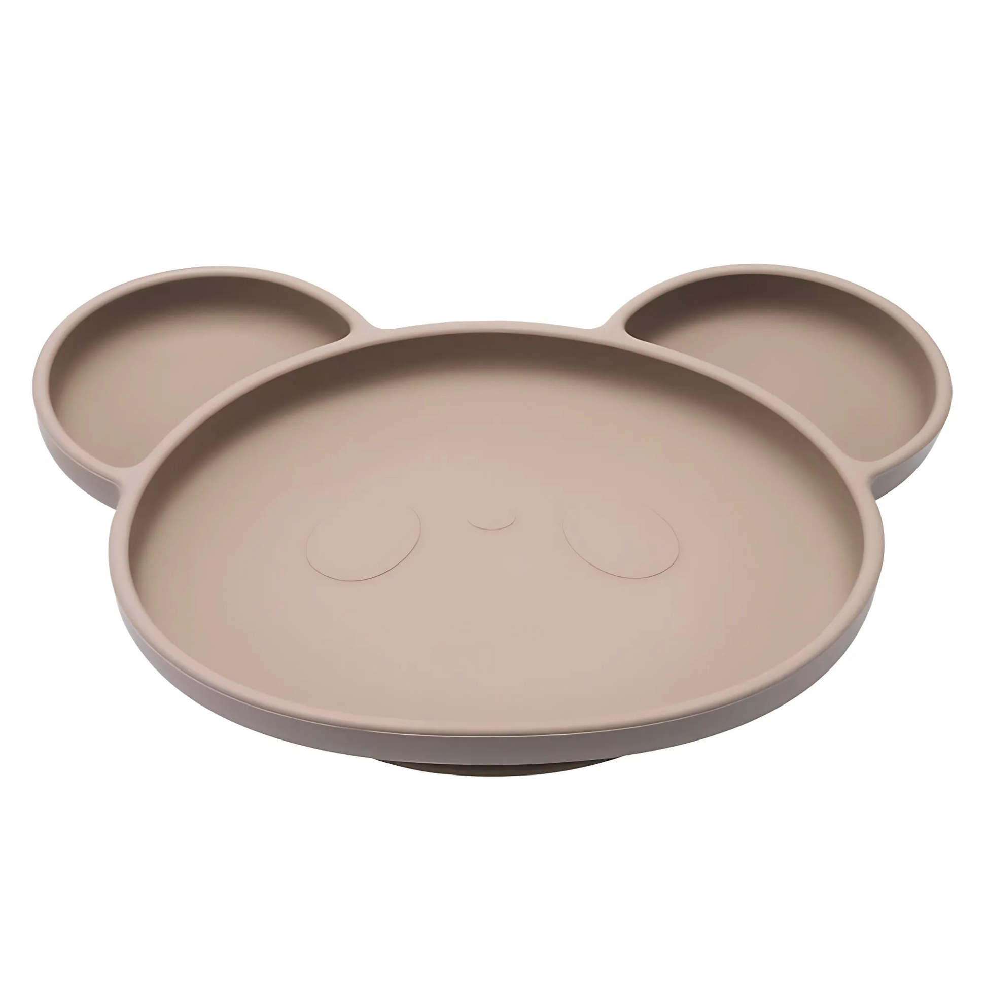 Bear-shaped silicone baby feeding plate with a suction base in a soft, neutral color.