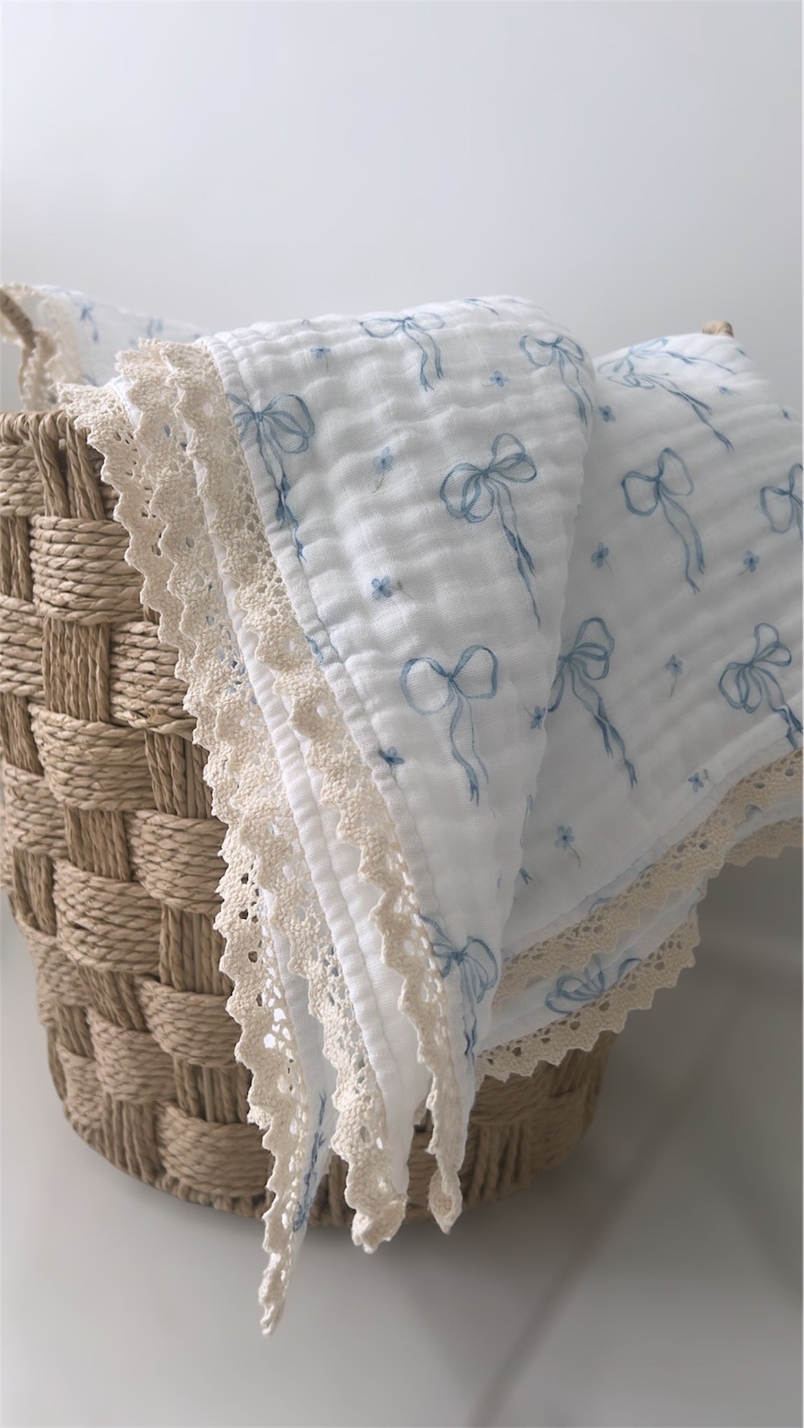 Something Blue Organic 6-Layer Organic Cotton Baby Blanket with Vintage French Lace
