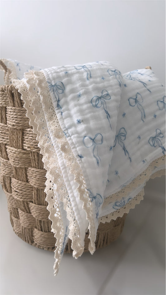 Something Blue Organic 6-Layer Cotton Baby Blanket with Vintage French Lace