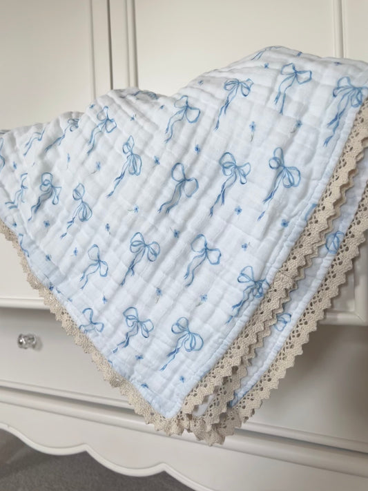 Something Blue Organic 6-Layer Organic Cotton Baby Blanket with Vintage French Lace