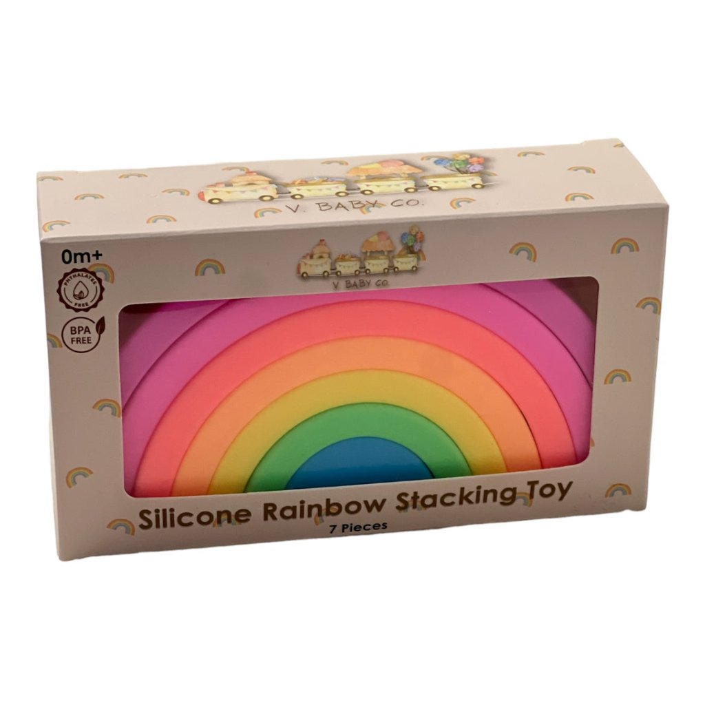 Silicone stacking rainbow toy displayed as nursery décor, adding a playful and modern touch.